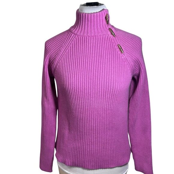 LAUREN RALPH LAUREN Pink Ribbed Turtleneck Sweater Women‎ Medium Gold Buttons - Picture 1 of 15